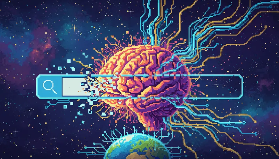 전통적인 검색창이 지능형 AI 뇌 코어와 데이터 스트림으로 녹아드는 모습을 형상화한 GPT-6 AI 검색 트렌드 시각화 이미지