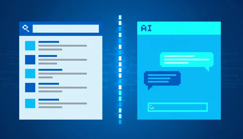 전통적인 구글 검색 결과 화면과 세련된 AI 채팅 인터페이스를 대비시킨 미래형 하이브리드 검색 서비스 레이아웃 디자인