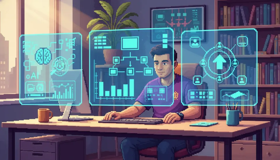 AI 분석 도구와 SEO 데이터 시각화 화면이 떠 있는 홀로그램 모니터 앞에서 작업 중인 전문 콘텐츠 제작자의 모습