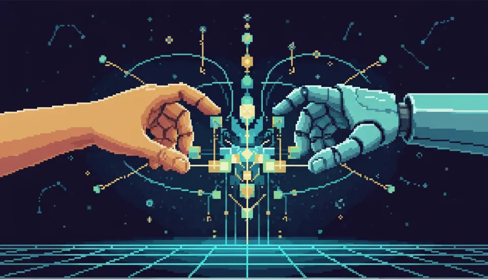 인간의 손과 로봇의 손이 만나 데이터 비트로 복잡한 구조를 함께 만들어가는 모습으로 표현한 인공지능과 인간의 협업 시너지 이미지