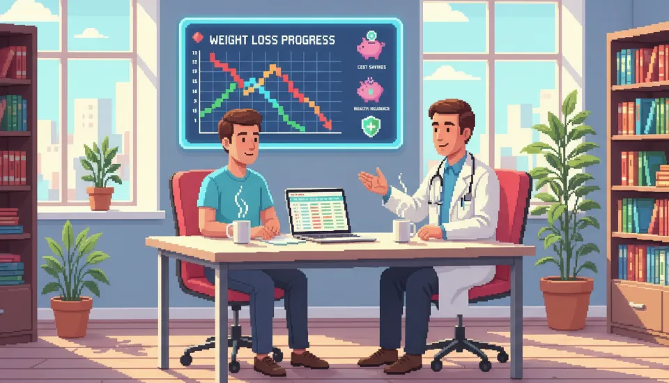 밝은 진료실에서 의사가 환자에게 체중 감량 그래프를 보여주며 장기적인 관리 계획과 위고비 비용 절감 방안을 상담하는 장면