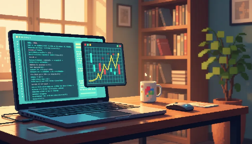 현대적인 사무실 책상 위 노트북 화면에 SQL 쿼리 문법과 데이터 시각화 차트가 띄워져 있는 모습과 직장인 자기계발을 상징하는 소품들