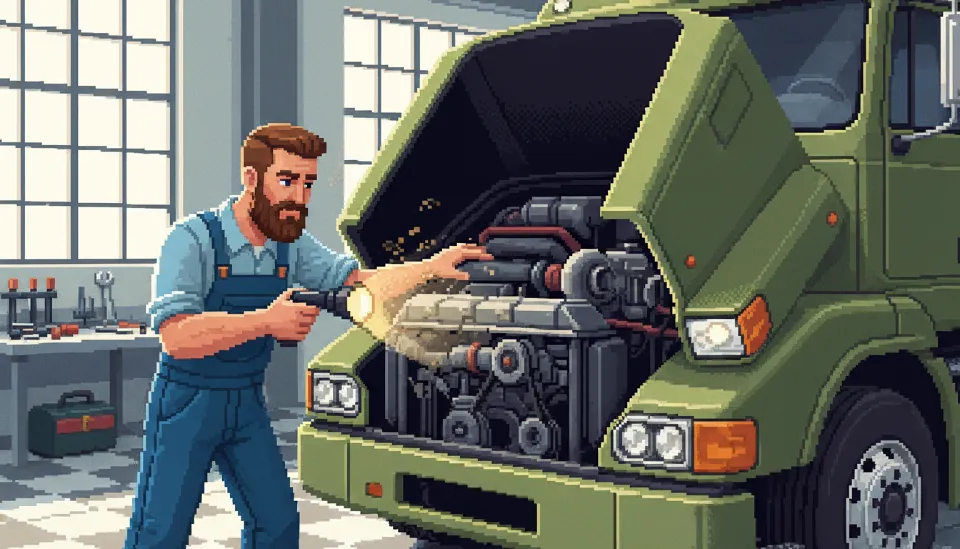 밝은 정비소에서 정비사가 손전등을 비추며 디젤 트럭 엔진의 누유 상태를 점검하는 정밀한 중고 트럭 엔진 체크 장면