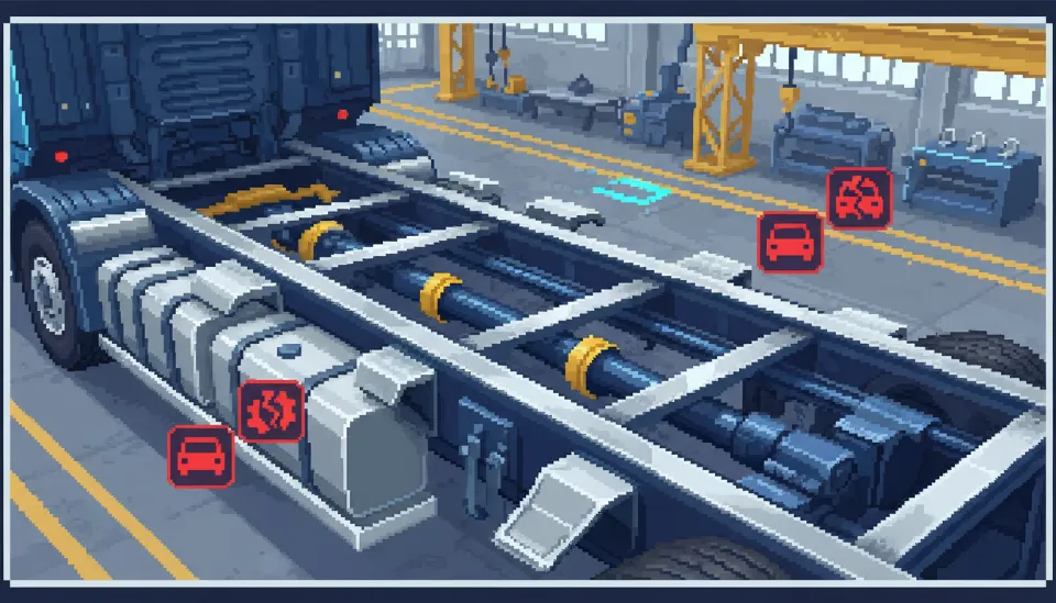 부식 없이 깨끗한 상태를 유지하고 있는 대형 트럭의 하부 프레임과 견고한 섀시 구조의 모습