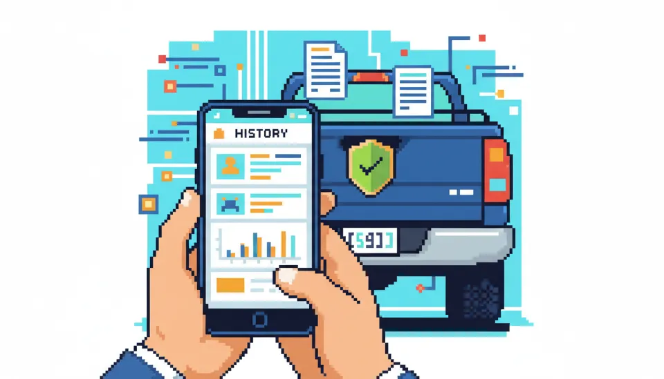 트럭 번호판 옆에서 스마트폰 앱을 통해 자동차 보험 사고 이력과 성능 점검 기록을 확인하는 사용자의 모습