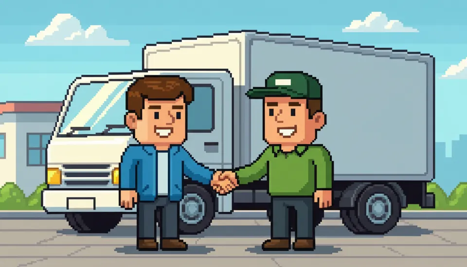 흰색 카고 트럭 앞에서 중고 트럭 매매 계약을 마치고 신뢰감 있게 악수를 나누는 구매자와 딜러의 모습