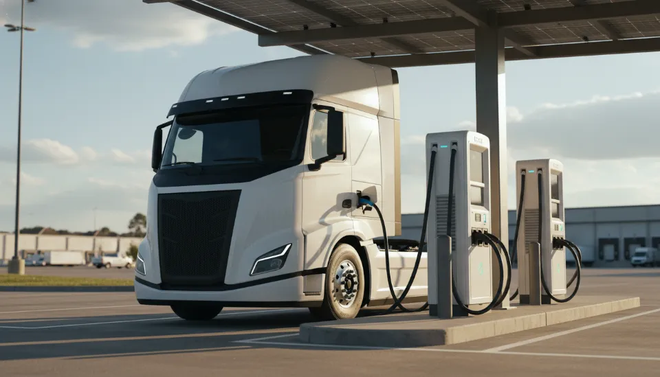 도심 외곽 물류 센터의 초고속 충전소에서 충전 중인 최신형 화이트 전기 화물 트럭의 측면 모습