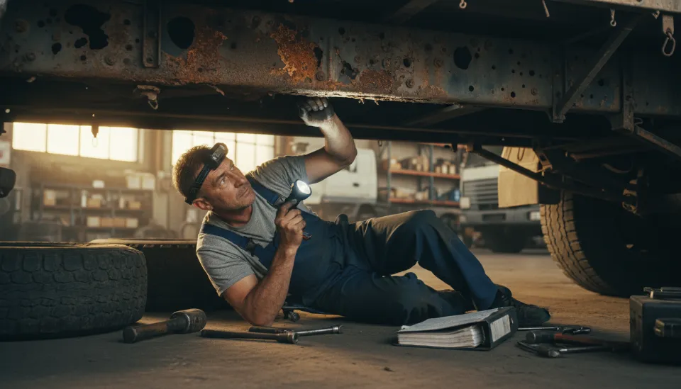 정비소에서 전문가가 손전등을 비추며 대형 화물 트럭의 하부 프레임 부식 상태를 꼼꼼하게 점검하는 장면