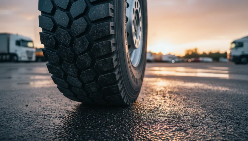 젖은 아스팔트 도로 위에서 선명한 트레드 패턴을 보여주는 견고한 대형 트럭 전용 타이어 근접 촬영