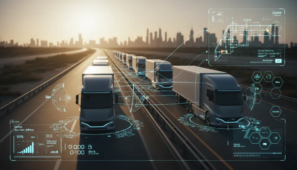 고속도로 위에서 디지털 연결 신호를 주고받으며 일정한 간격으로 군집 주행을 하는 첨단 자율주행 화물차 행렬