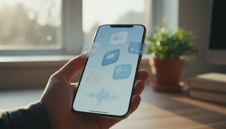 기존의 사각형 아이콘 대신 투명한 위젯과 음성 파형이 표시된 미래형 스마트폰 홈 화면 인터페이스 디자인