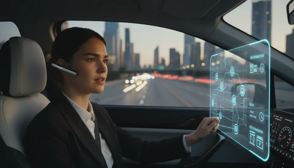 운전 중인 남자가 Siri-Gen을 이용해 식당 예약과 경로 설정을 동시에 처리하는 모습을 보여주는 홀로그램 디스플레이와 차량 내부 모습