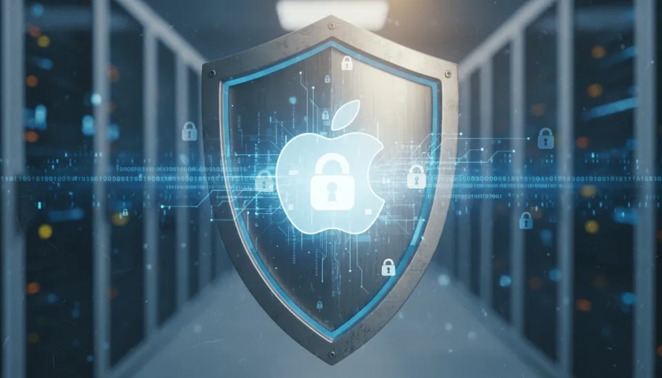 개인정보 보호를 상징하는 디지털 방패와 암호화된 데이터 흐름이 결합된 Siri-Gen의 보안 시스템 그래픽