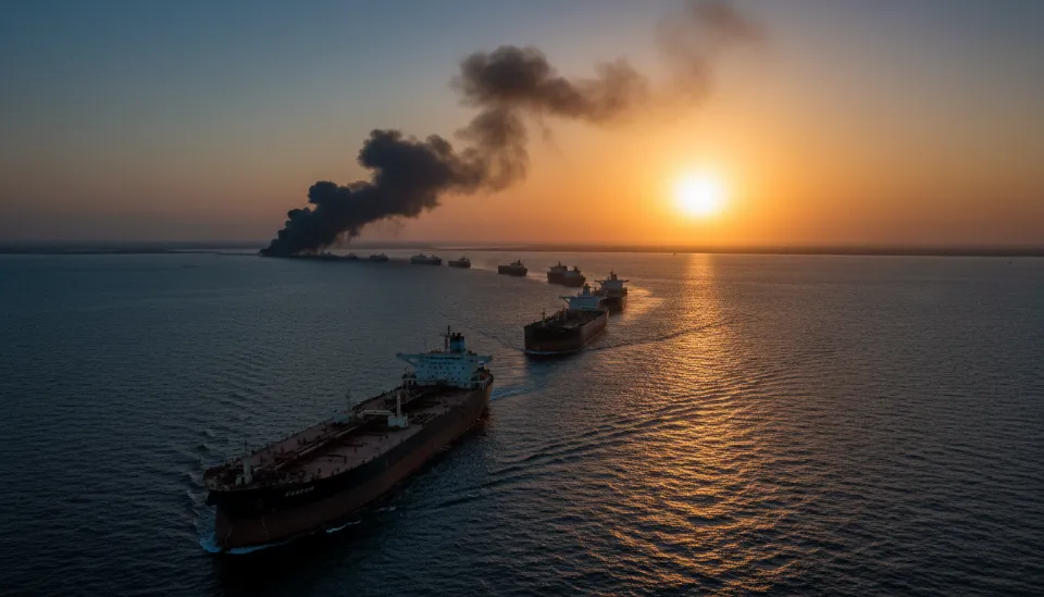 석양 아래 호르무즈 해협을 통과하려 대기 중인 대형 유조선들의 행렬과 중동의 긴장감을 나타내는 어두운 연기 배경