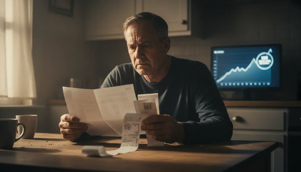 어두운 주방에서 높은 전기요금 고지서와 장바구니 영수증을 보며 한숨 짓는 남성과 배경에 보이는 유가 상승 그래프
