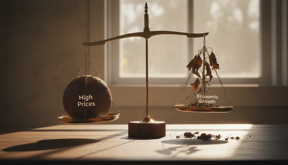 고물가라는 무거운 쇳덩이에 기울어진 저울과 반대편에서 시들어가는 경제 성장 식물을 표현한 3D 일러스트