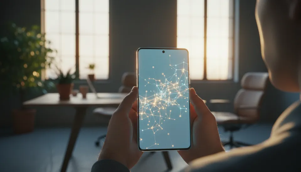 사각형 아이콘이 없는 미래형 베젤리스 스마트폰을 든 모습과 화면에 흐르는 홀로그램 신경망 패턴의 인공지능 운영체제 UI 디자인