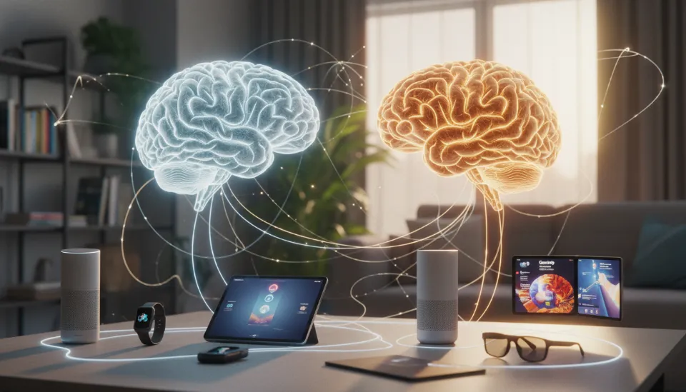 애플의 뉴럴 OS와 구글의 제미나이 OS가 각각 거대한 디지털 뇌의 형태로 스마트홈 기기들과 연결되어 경쟁하는 인공지능 생태계의 시각적 묘사