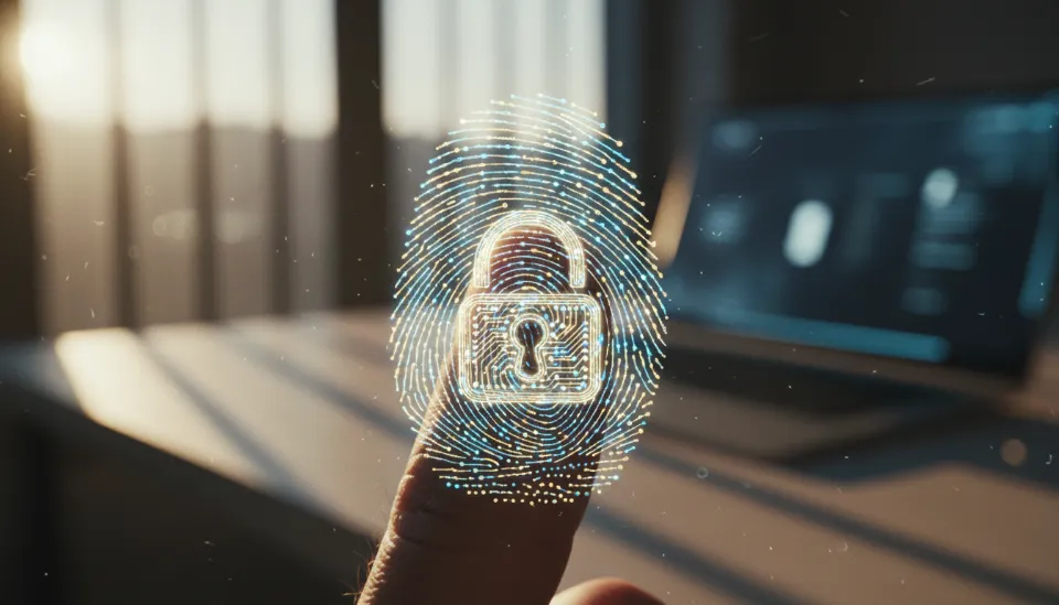 인공지능 운영체제 시대의 개인정보 보호를 상징하는 회로 패턴의 지문 이미지와 빛으로 형상화된 보안 잠금장치 디자인