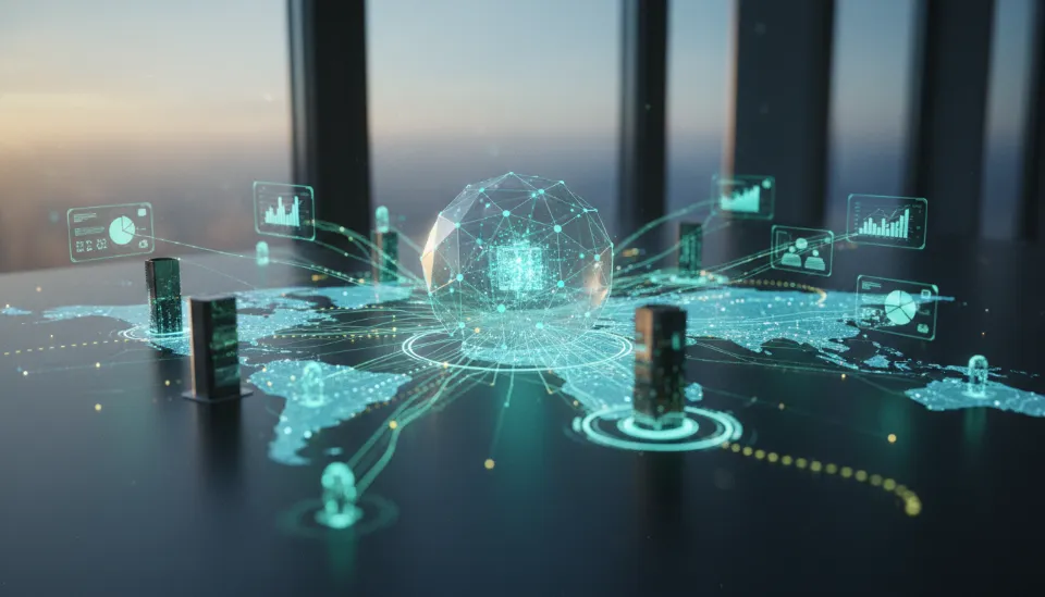 글로벌 비즈니스 네트워크와 데이터 라인이 연결된 중심에서 기업 업무를 관리하는 OpenAI GPT-6 핵심 코어 이미지