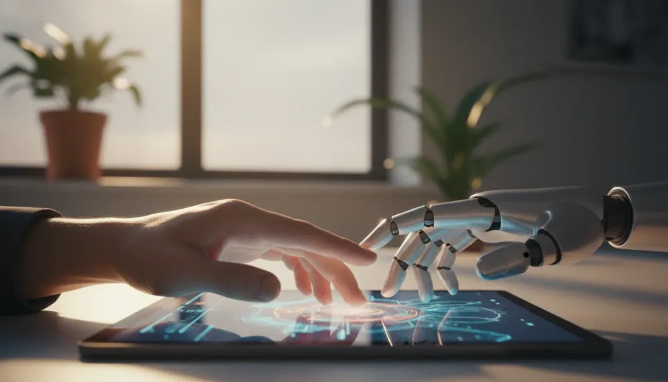 디지털 태블릿 위에서 인간의 손과 로봇 손이 마주하는 모습을 통해 인간과 GPT-6의 협력을 상징하는 따뜻한 분위기의 이미지